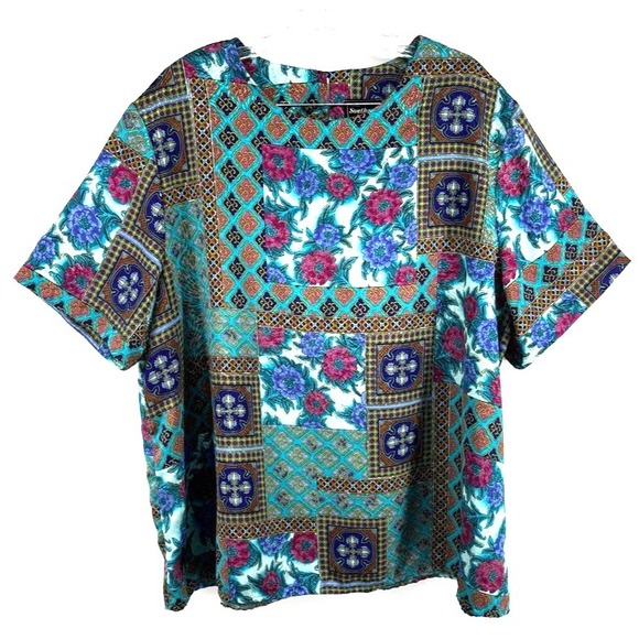 Southern Lady Tops - Vtg 90s Floral Patchwork Silky Polyester Blouse Colorful Top USA Made Statement